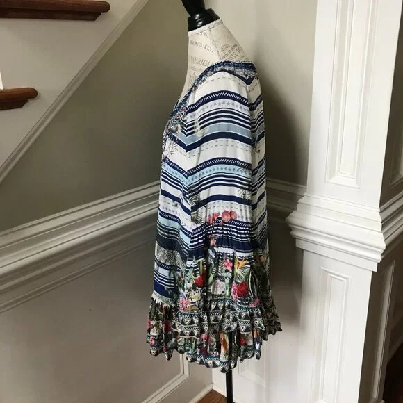 Camilla A-Line Frill Mini Dress Womens XS Blue Silk Floral Stripe Long Sleeve - Picture 10 of 14